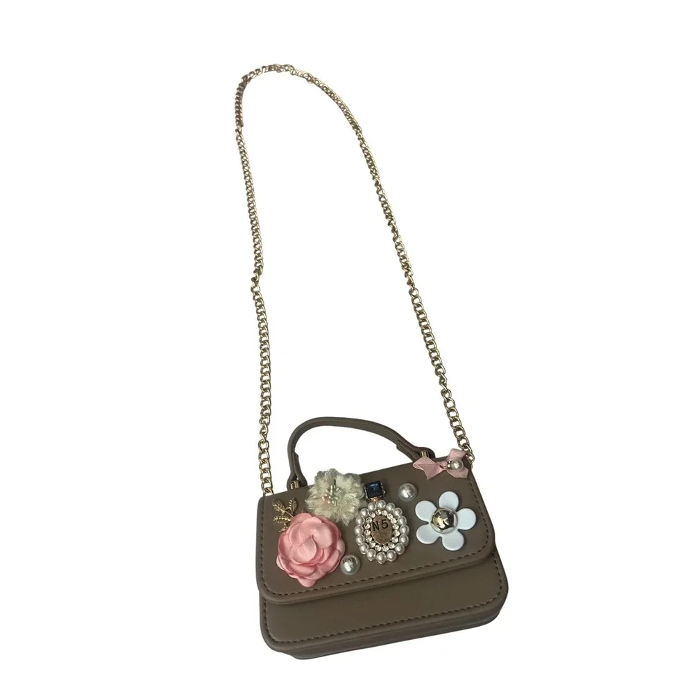 Girls Taupe Floral Applique Crossbody Bag Gold Chain Strap Mini Top Handle Purse